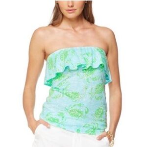 Lilly Pulitzer Wiley Ruffle Tube Top Get Crackin' Cotton Preppy Resortwear Sz L